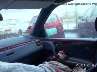Hairy pussy Russian diva fucks in the car in public